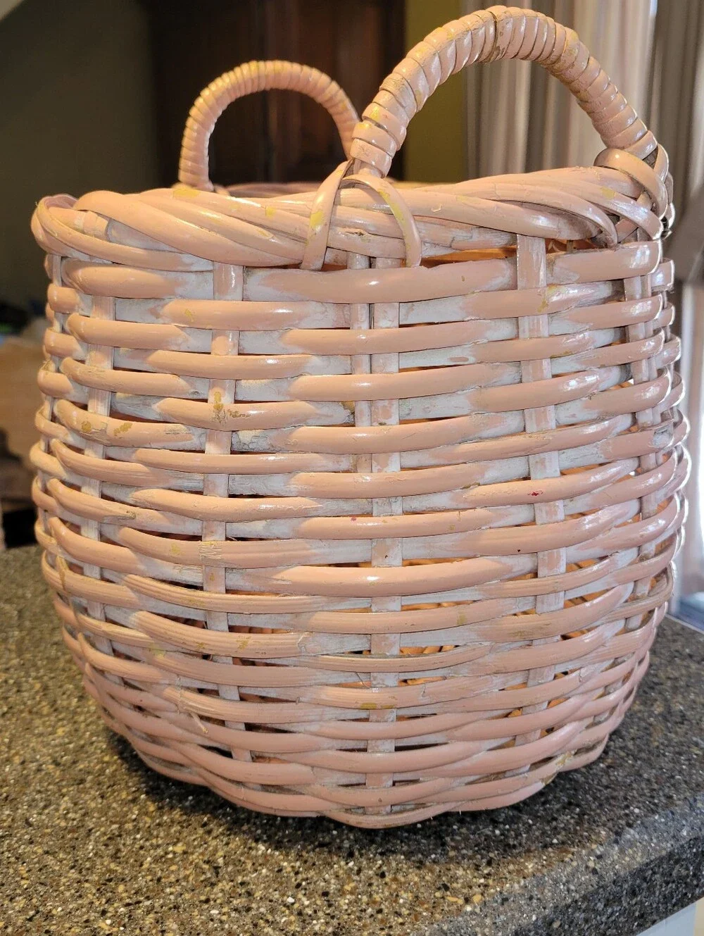 Vintage 90s Pink Wicker Basket Round Storage Boho Cottagecore Decor